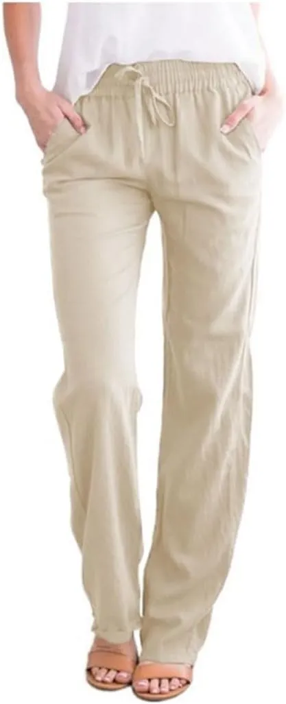 ZOCAVIA Women's Casual Linen Long Pants Drawstring Loose Fit Style Summer Baggy Sports Trousers with Pocke