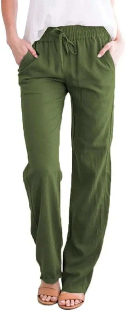 ZOCAVIA Women's Casual Linen Long Pants Drawstring Loose Fit Style Summer Baggy Sports Trousers with Pocke